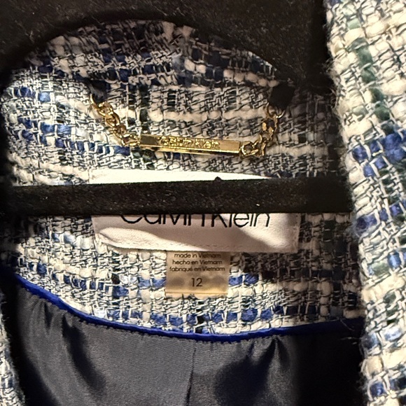 Calvin Klein Tweed Collarless Topper Open Front Jacket & Skirt Set Blue Size 12 - Picture 11 of 16